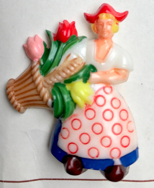 Jolly 1950s Celluloid Brooch Dutch girl with tulips