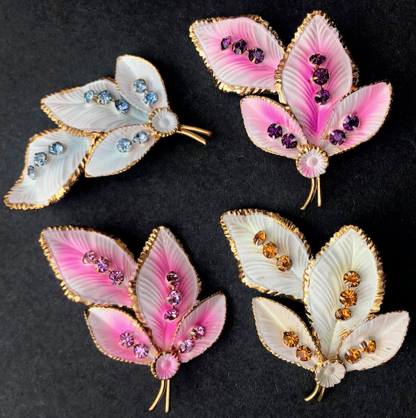 Lovely 1950s Austrian Sparkly Crystal Gold Edged Leaf Brooches