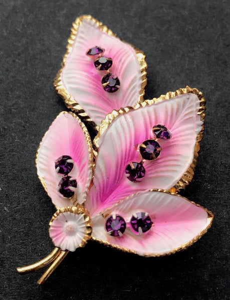 Lovely 1950s Austrian Sparkly Crystal Gold Edged Leaf Brooches