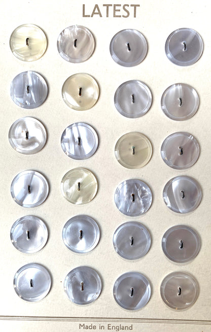 24 Vintage Moonglow Lucite Silver and Cream 2cm Buttons Made in England