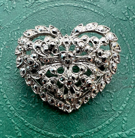 Faux Marcasite Antique Silver Heart Brooch
