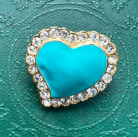 Vintage Turquoise Enamel and Sparkly Crystal Heart Brooch