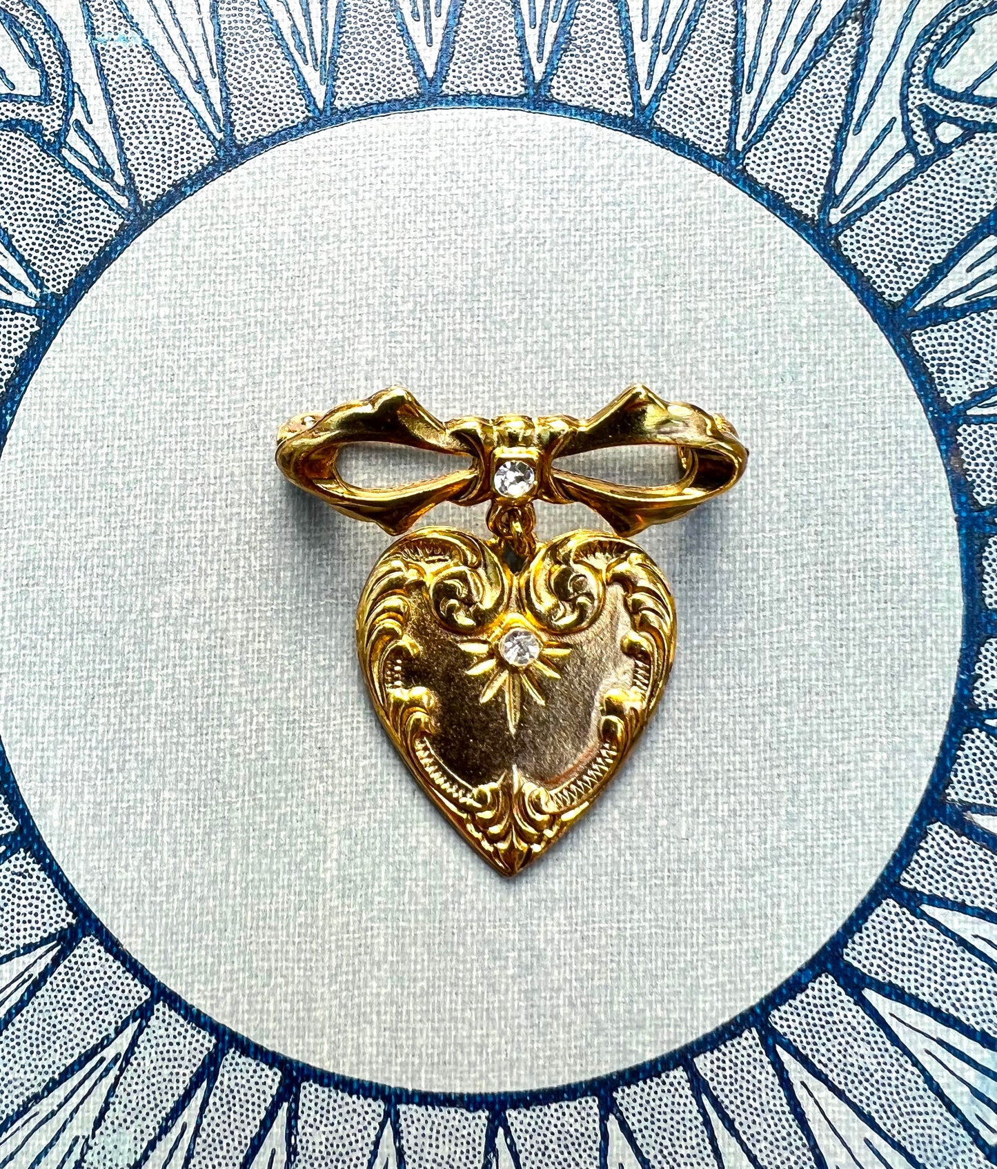 Ornate Gold Plated Heart and Bow Vintage Brooch