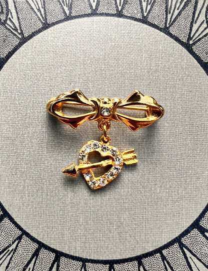 Vintage Gold Plated and Rhinestone Love Heart and Bow Brooch