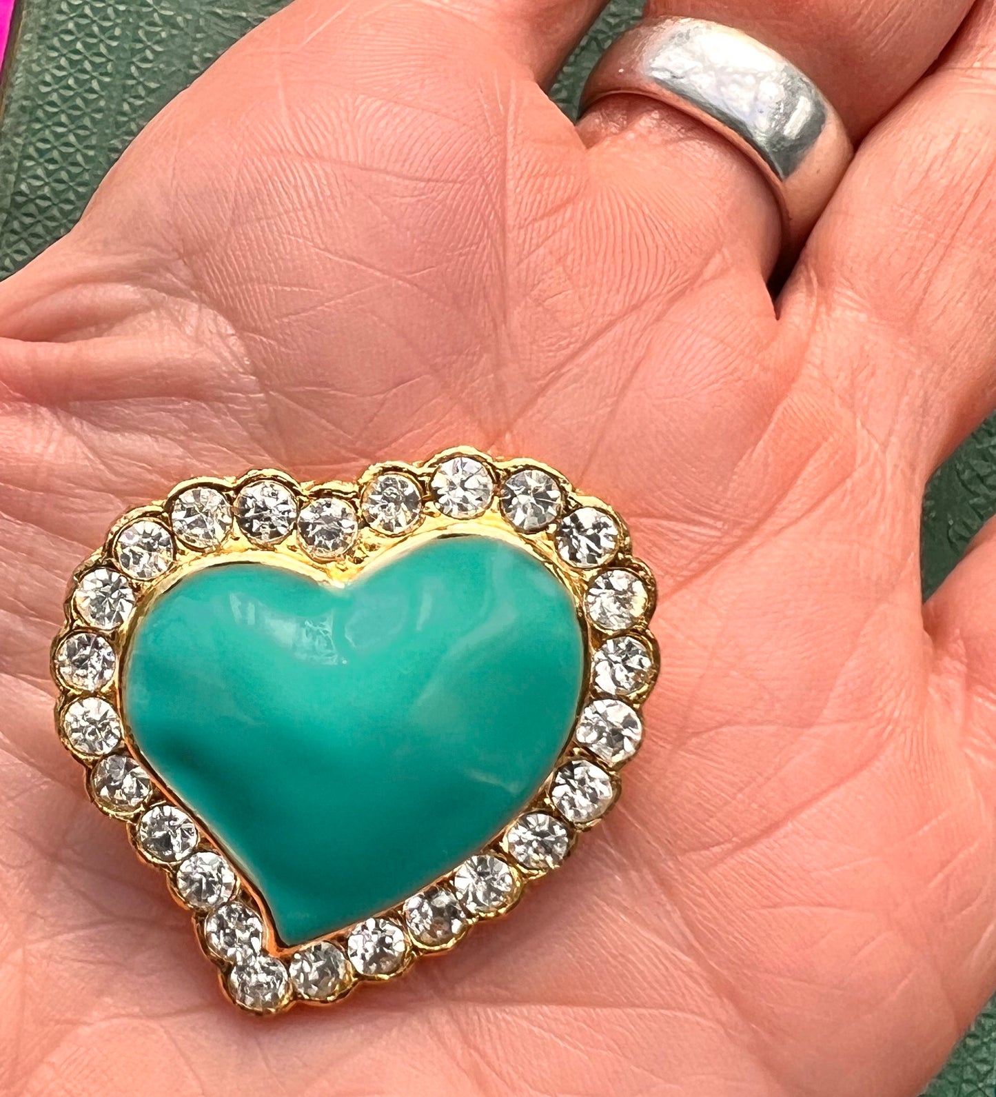 Vintage Turquoise Enamel and Sparkly Crystal Heart Brooch