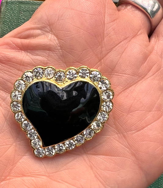 Vintage Black Enamel and Sparkly Crystal Heart Brooch