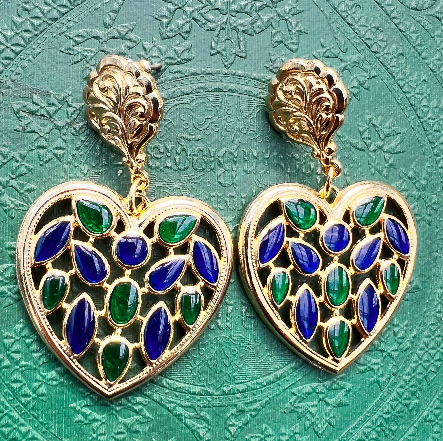 Unusual Vintage Blue and Green Enamel Big Earrings (for pierced ears)