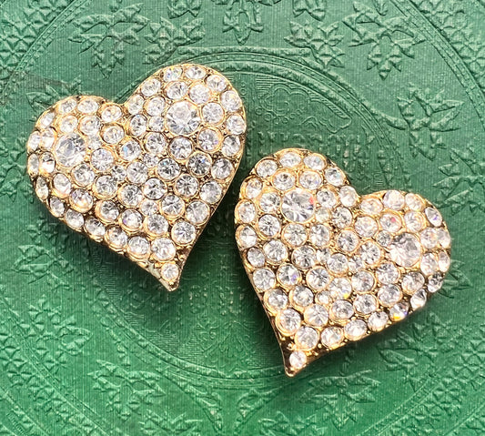 Big and Sparkly Vintage Heart Rhinestone Clip On Earrings