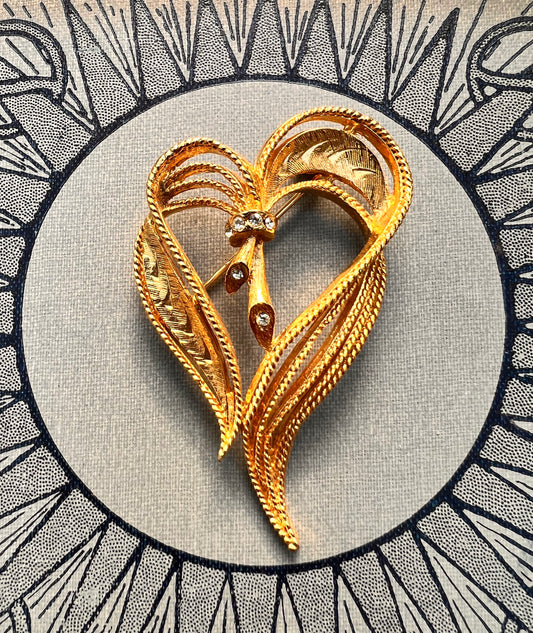 Dynamic Gold Plated and Rhinestone Vintage Heart Brooch