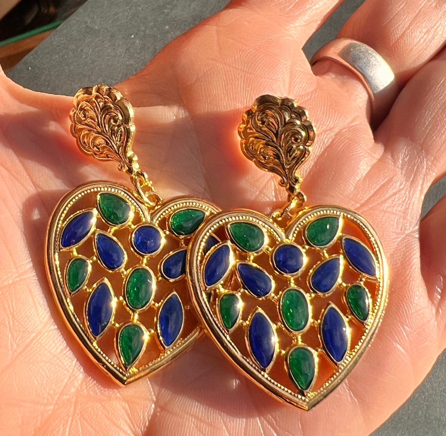 Unusual Vintage Blue and Green Enamel Big Earrings (for pierced ears)