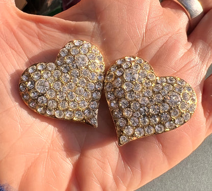 Big and Sparkly Vintage Heart Rhinestone Clip On Earrings