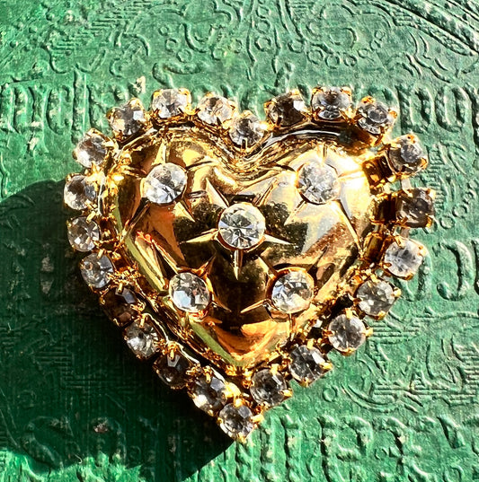 Gold Plated and Rhinestone Vintage Heart Brooch