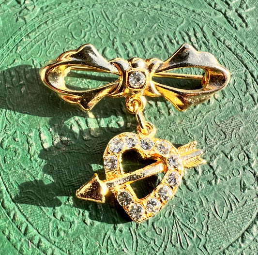 Vintage Gold Plated and Rhinestone Love Heart and Bow Brooch
