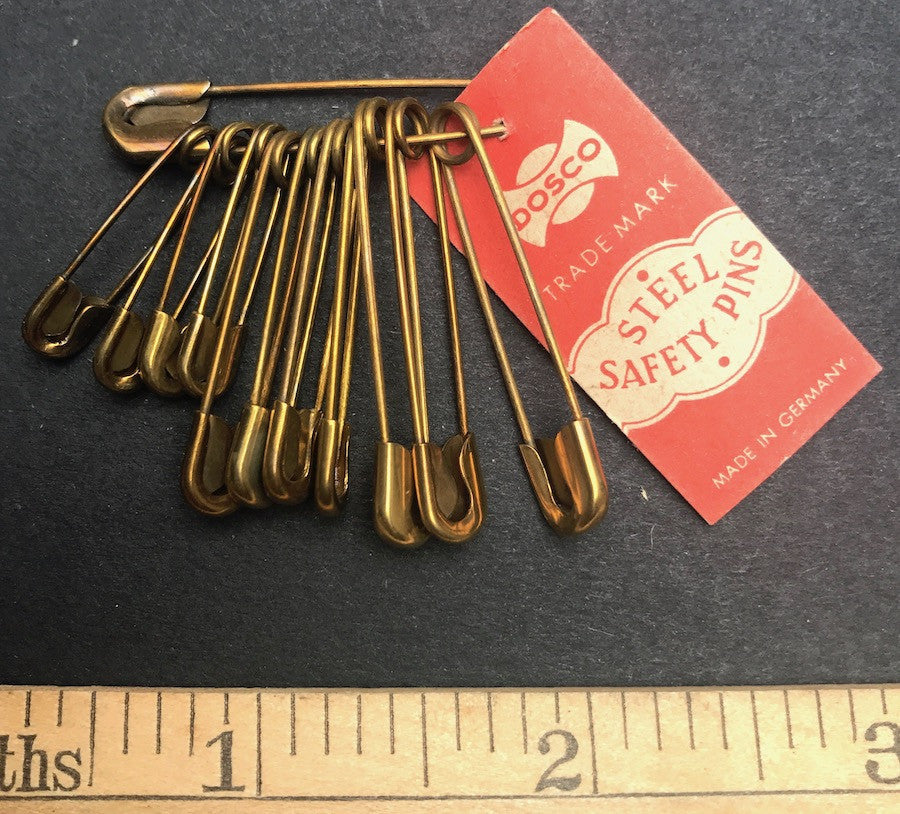 12 lovely old 1930s German Brass Plated 1-1.5" Safety Pins