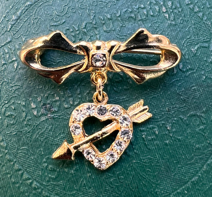 Vintage Gold Plated and Rhinestone Love Heart and Bow Brooch