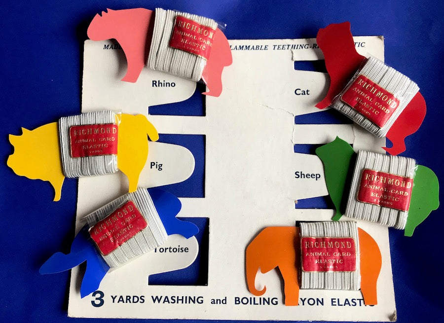 1940s Rayon Elastic on "Non-Inflammable" plastic animal holders Made in England