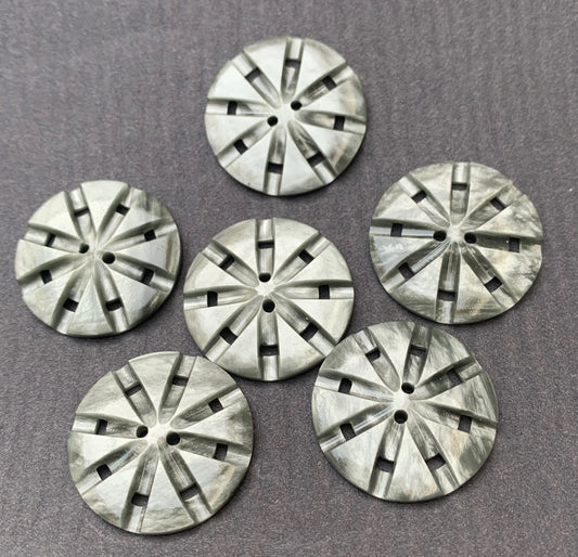 6 Shiny Silver Grey Vintage Lucite Buttons - 2.2cm wide