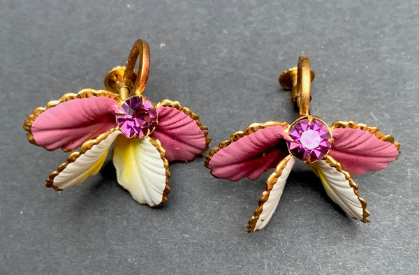 Striking Vintage Austrian Crystal Purple, lilac and Yellow Clip-On Earrings