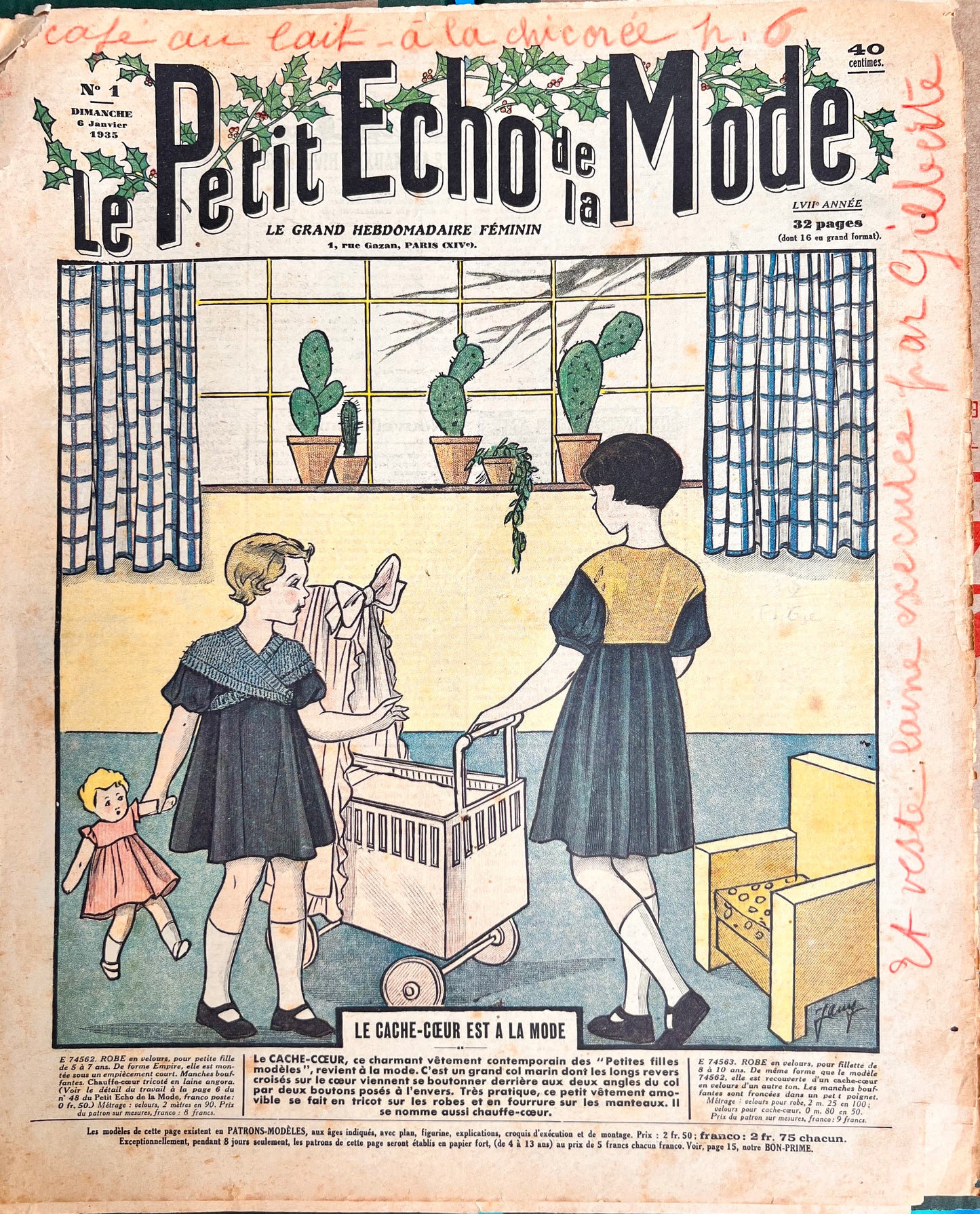 Elegant Little Girls and Their dolls in January 1935 French Fashion Paper Le Petit Echo de la Mode