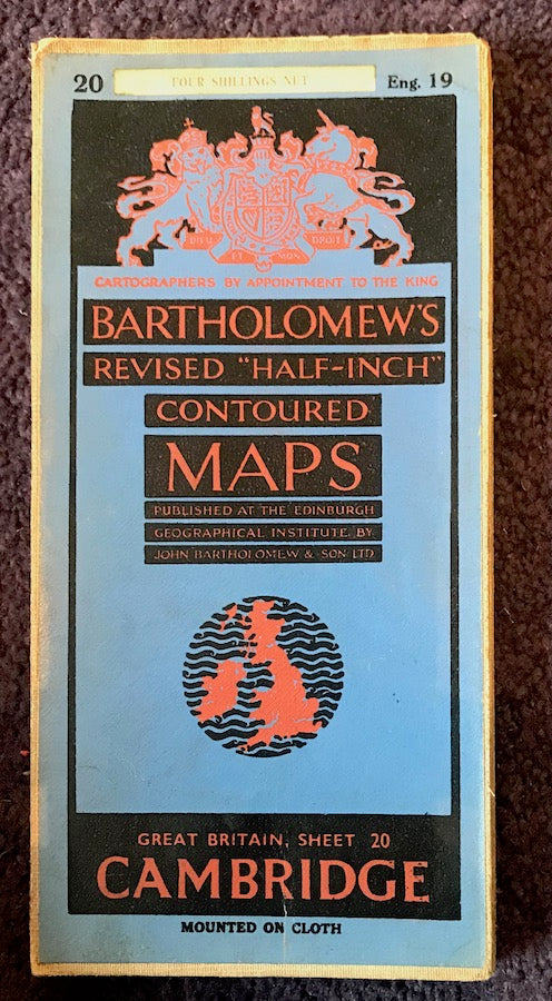 1940s Bartholomew's 1/2" to 1 Mile Contoured Map of CAMBRIDGESHIRE