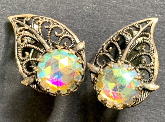 Vintage Filligree and Aurora Borealis Leaf Clip On Earrings