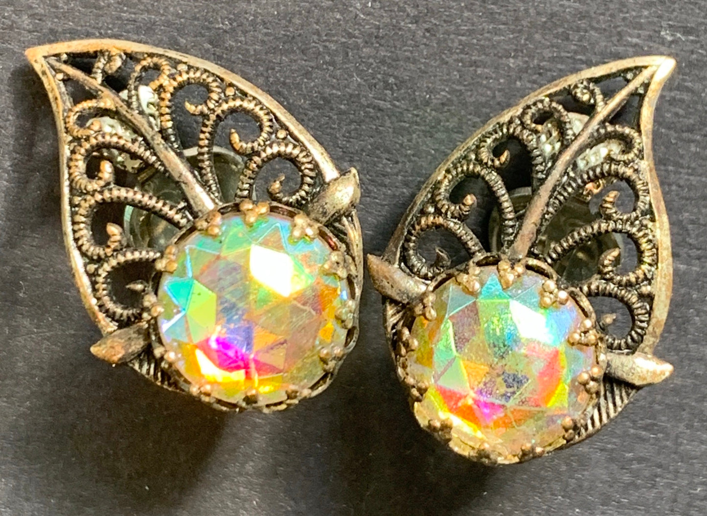 Vintage Filligree and Aurora Borealis Leaf Clip On Earrings