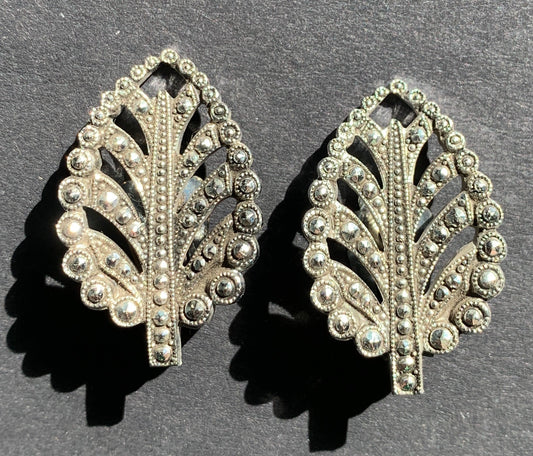 Lovely Vintage Faux Marcasite Leaf Clip On Earrings