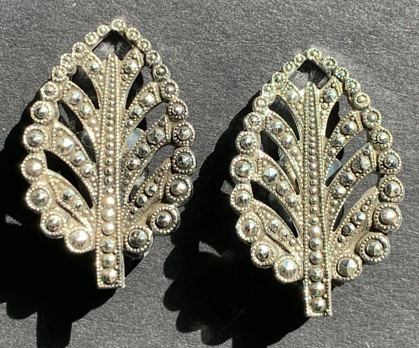 Lovely Vintage Faux Marcasite Leaf Clip On Earrings