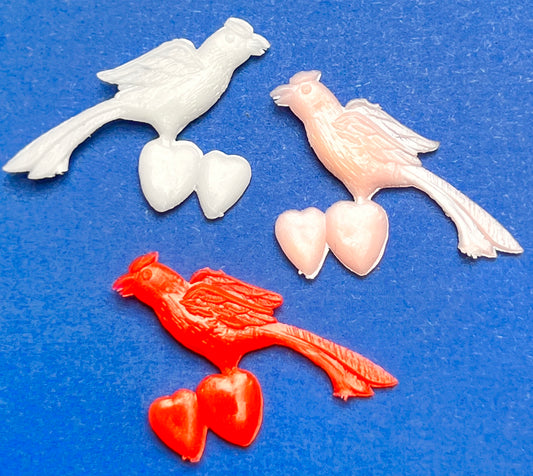 3 Vintage LOVEBIRD with Hearts Stampings Charms 2.5cm tall