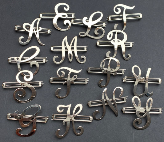 Vintage  Chrome Initial Brooches : A, C,  E, F, G, H, L, M, N, P,R, S, T, U, W and Y