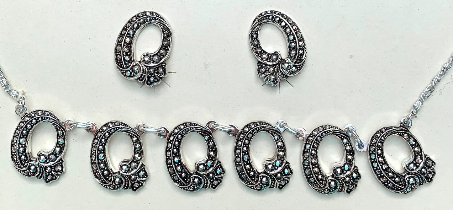 Sparkly Vintage Faux Marcasite Necklace and Clip On Earrings