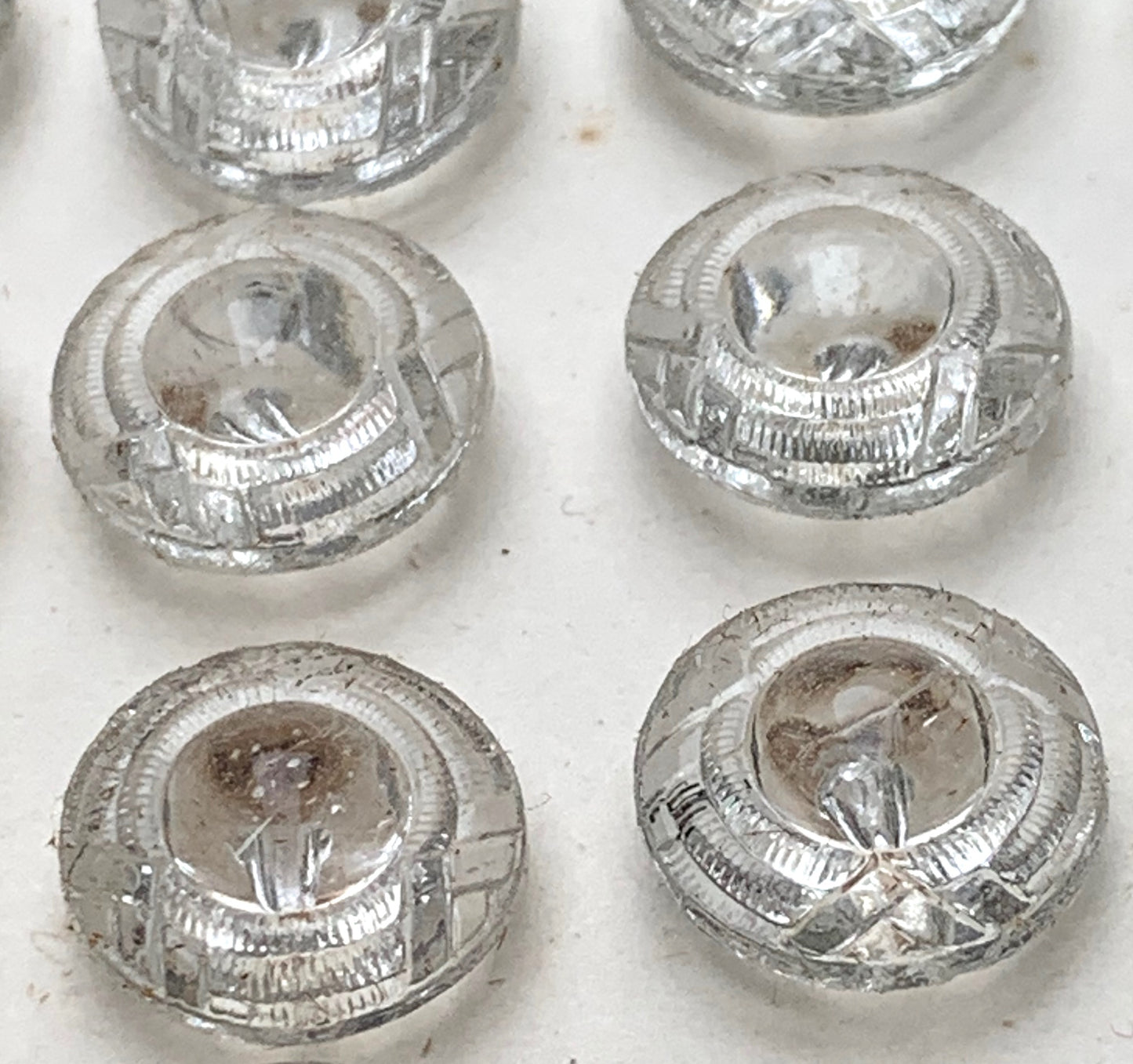 24 Deco 1.5cm Sparkly Vintage Etched Glass Buttons On Original Card