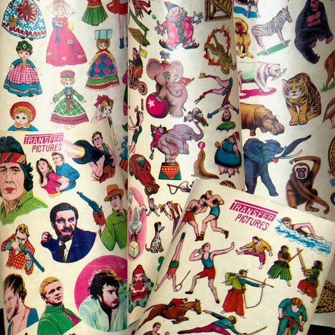 SO 1970s..Transfer Sheets  -TV Stars, Circus, Sport, Dolls, Animals.. Made in JAPAN