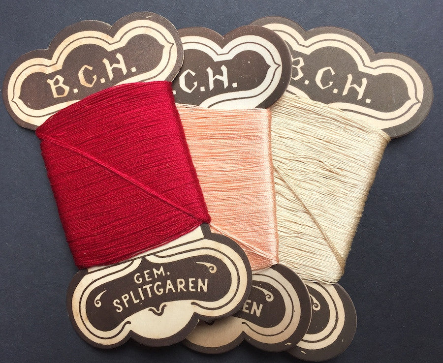 3 cards Vintage German Cotton Thread - Red, Pink, Fawn.