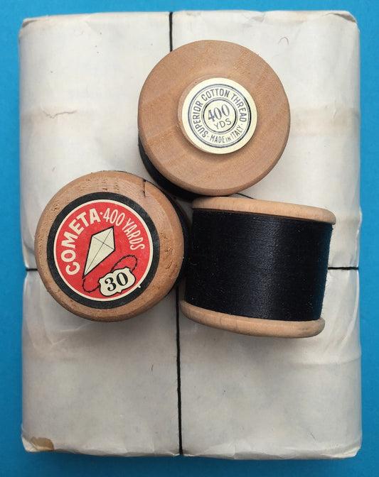 12 x 400yds Vintage thick Gauge 30 Black COMETA Brand Cotton Sewing Thread