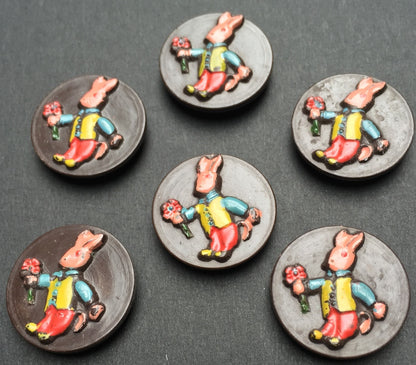 6 Vintage Italian Hand Painted Rabbit 2cm Buttons - Brown Background