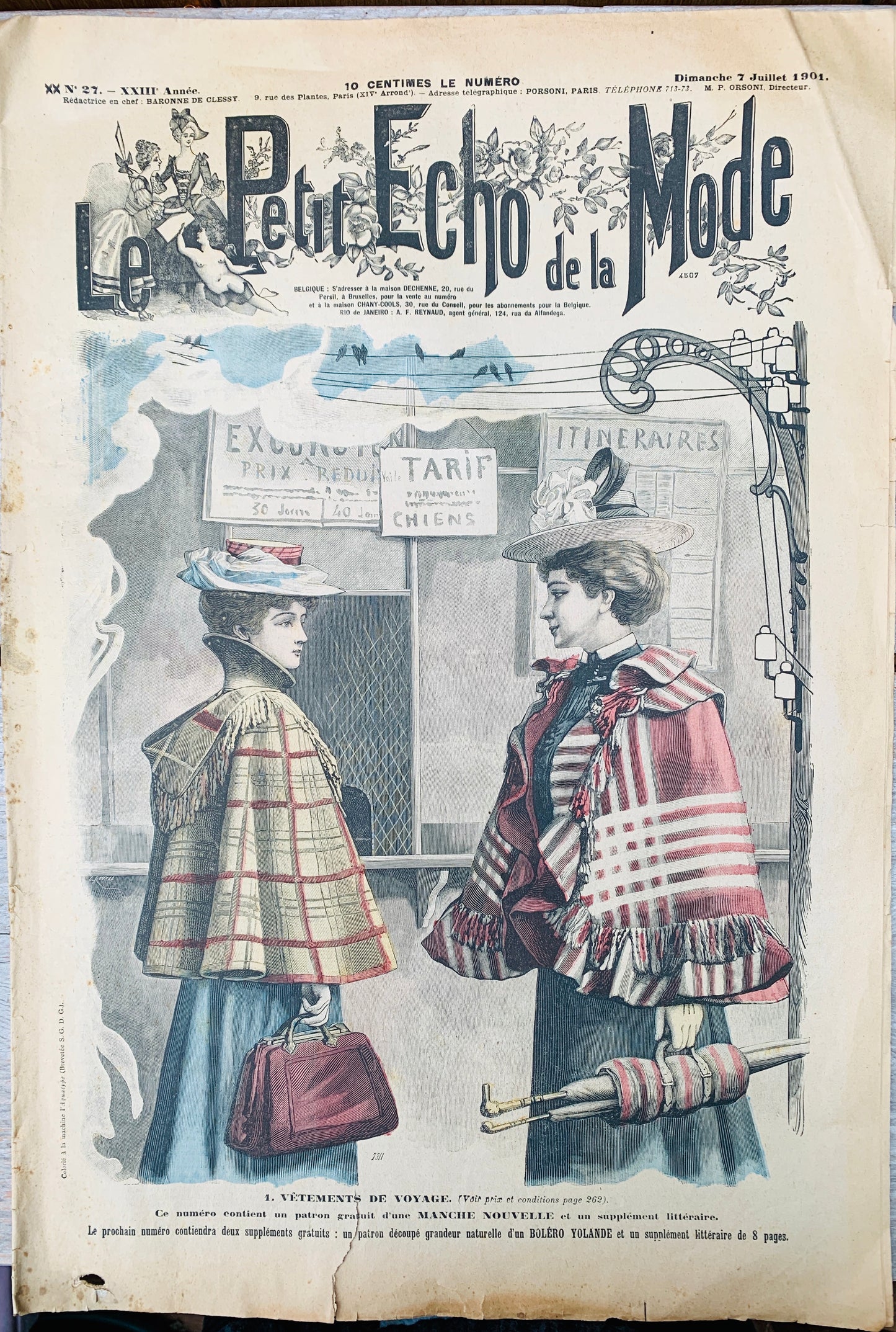 Elegant travelling Clothes on Cover of 7th July 1901 French Magazine Le Petit Echo de la Mode