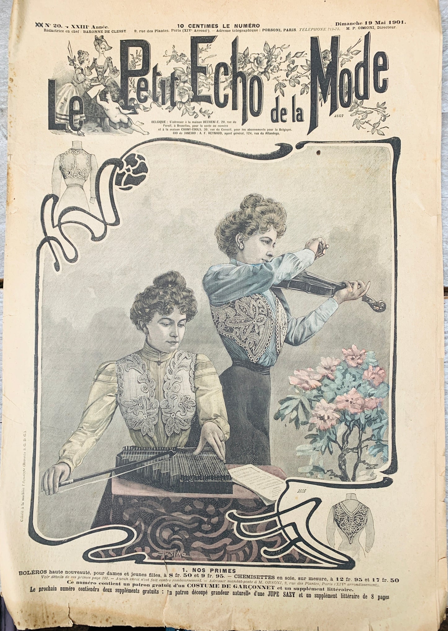 Violin and Zither on Cover and Wedding Dress inside 19th May 1901 French Magazine Le Petit Echo de la Mode