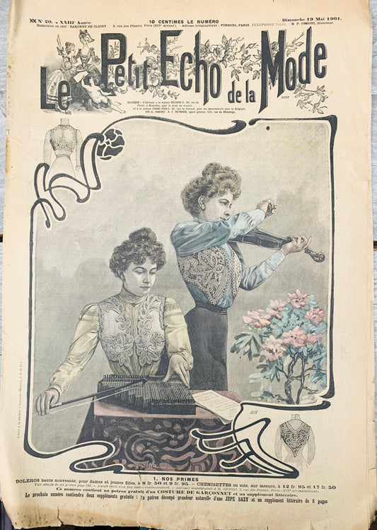 Violin and Zither on Cover and Wedding Dress inside 19th May 1901 French Magazine Le Petit Echo de la Mode