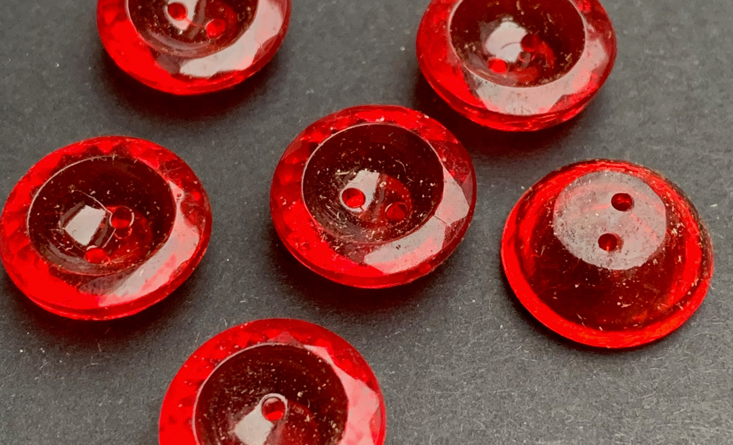 6 Deep Red Twinkly 1930s Red Glass Buttons - 11mm and 14mm wide