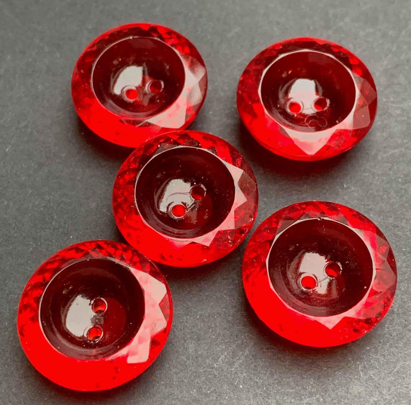 6 Deep Red Twinkly 1930s Red Glass Buttons - 11mm and 14mm wide
