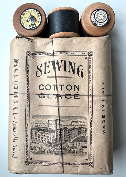 Early C20th Package of 12 Italian Wooden Spools of Black Sewing Thread.
