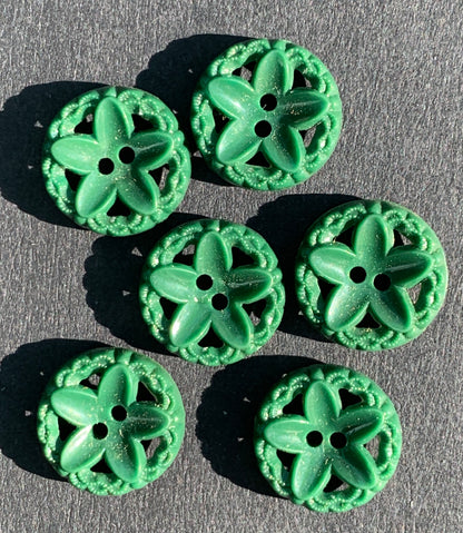 6 Tiny Racing Green Flower 12mm Vintage Buttons