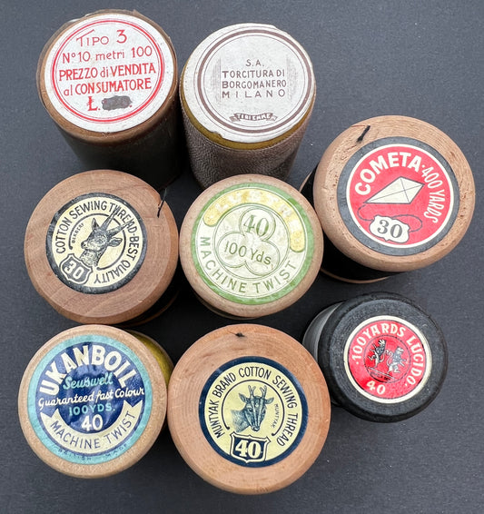 8 Old Wooden Cotton Reels with Lovely Labels. (1)