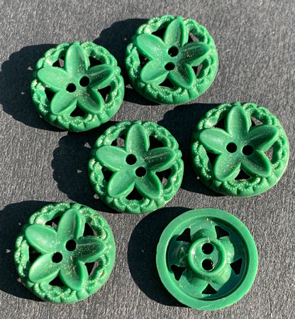6 Tiny Racing Green Flower 12mm Vintage Buttons