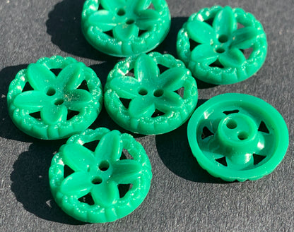 6 Tiny Dark Turquoise Green Flower 12mm Vintage Buttons
