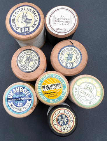 8 Pretty Old Wooden Cotton Reels with Decorative Labels (4)