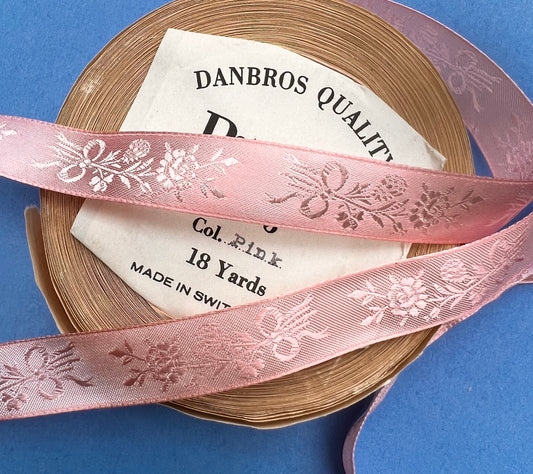 1m Vintage Pink 1.5cm Swiss Floral Rayon Ribbon