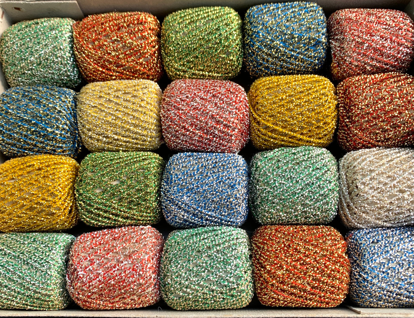 Vintage Box of 20 Reels of Sparkly Cotton and Metallic Strands Thread