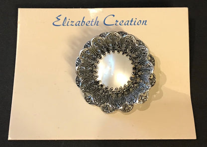 Alluring Vintage 1940s Filigree and Mother of Pearl Brooch on Original Card.